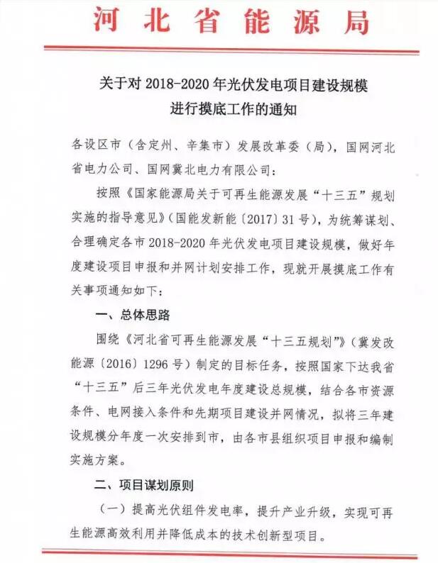 頭條！河北能源局發(fā)布《關(guān)于對2018-2020年光伏發(fā)電項目建設(shè)規(guī)模進行摸底工作的通知》